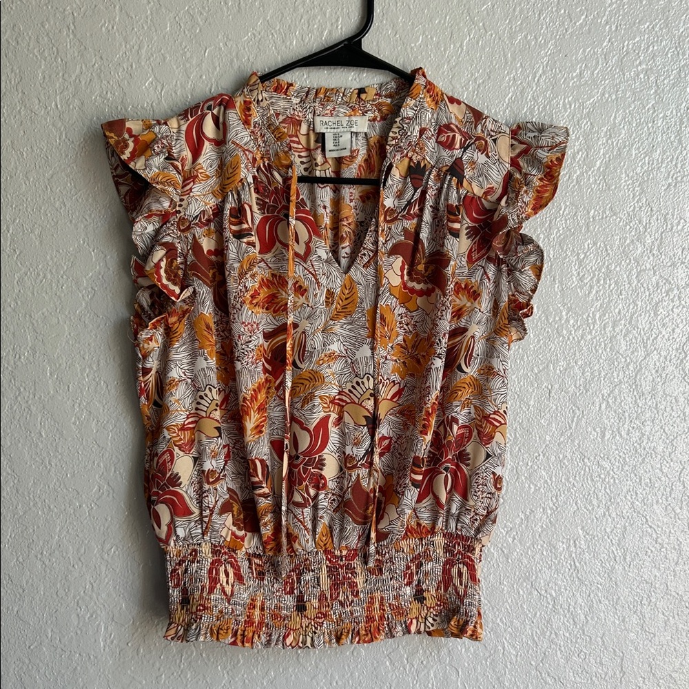 Rachel Zoe Floral Ruffle-Sleeve V-Neck Top in Rust, Mustard & Cream SMALL